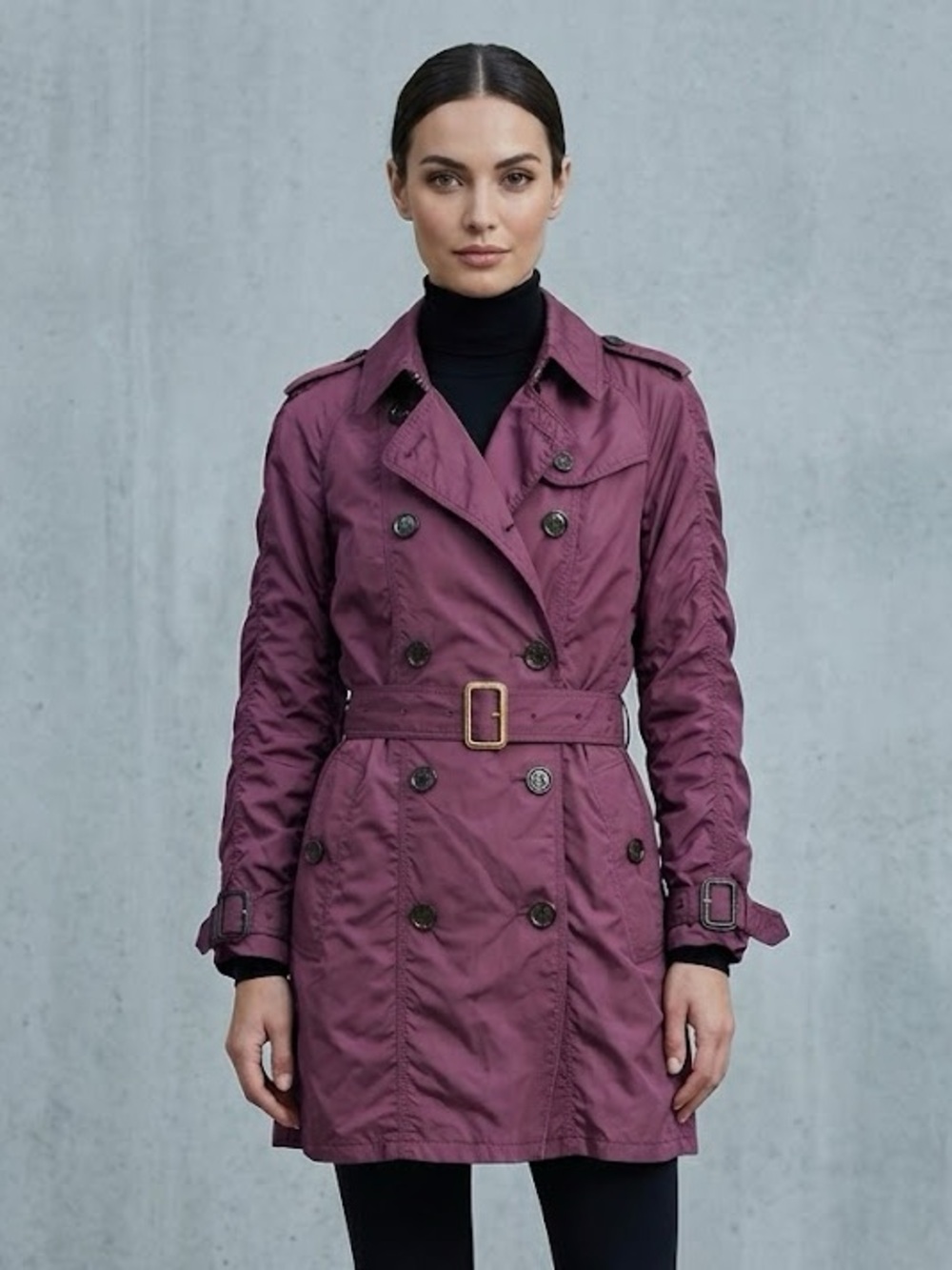 Burberry London ruched trench coat lightweight size 10 burgundy/plum color